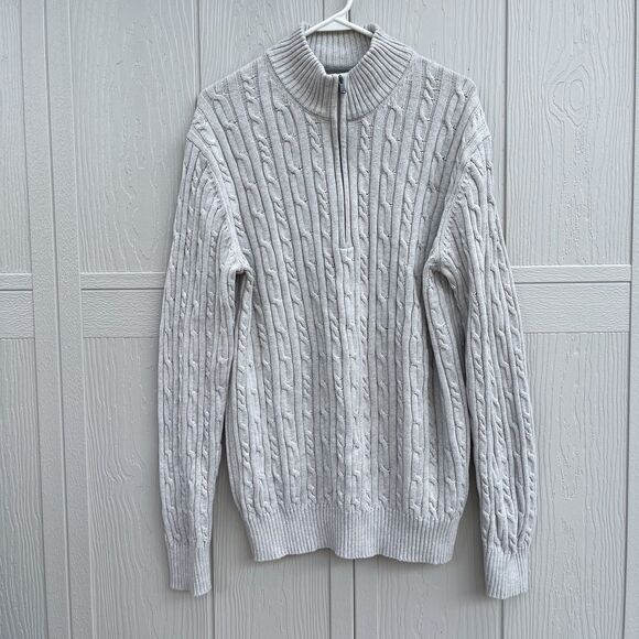IZOD Men's Cream Beige Cable Knit Quarter Zip Long Sleeve Cotton Sweater Size XL - Picture 1 of 7